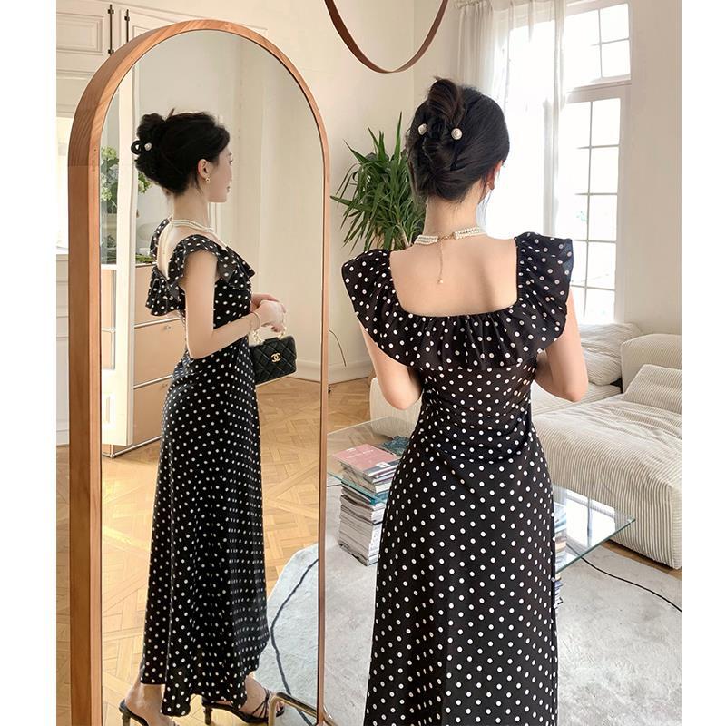 2025 Hepburn retro polka dot square neck dress one-word shoulder ruffle edge waist thin holiday dress and ankle skirt