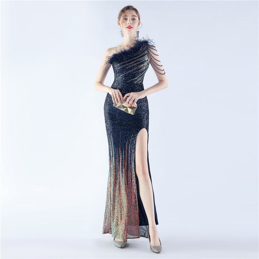 31321 #new product popular gradual change bead process beading ostrich hair oblique collar shoulder long evening dress