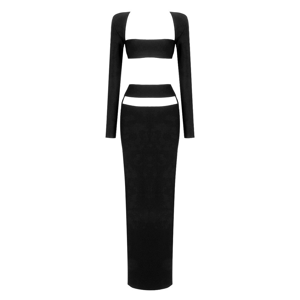 LOVEVOP Premium suit New two-piece set, black red long-sleeved top, elastic bandage long dress,  women's clothing, autumn and winter