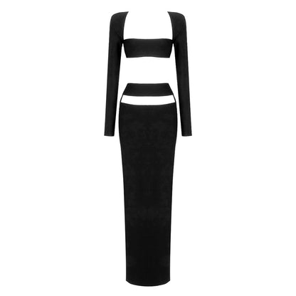 LOVEVOP Premium suit New two-piece set, black red long-sleeved top, elastic bandage long dress,  women's clothing, autumn and winter