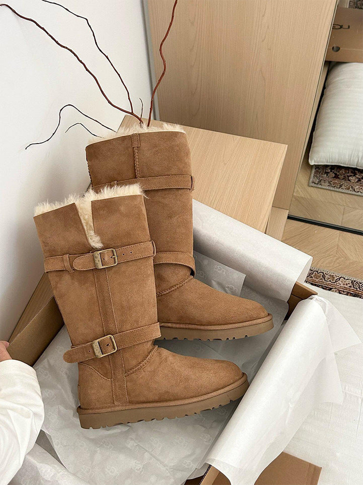 2025  Gray snow boots women's popular new retro two-wear medium tube velvet but knee knight boots