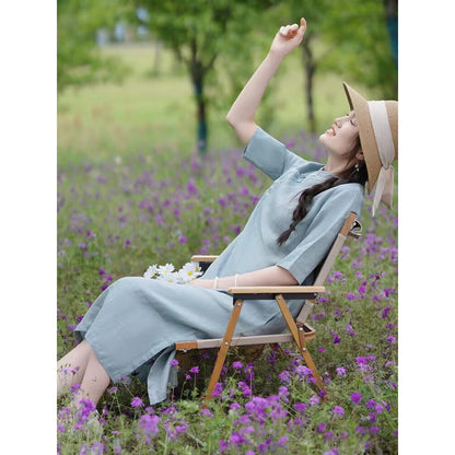 summer new literary and retro new Chinese cheongsam fashionable simple temperament exquisite embroidered cotton and linen dress