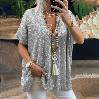 2025 new 2025  short-sleeved urban casual color loose pullover sequined V-neck T-shirt top women's clothing