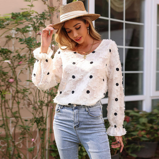 LOVEVOP New New Product popular Autumn 2025 Women's Top Chiffon Pullover Long Sleeve V-Neck Polka Dot Shirt