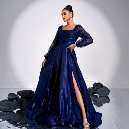 2025 high-end temperament long-sleeved square collar long sequined banquet big pendulum evening dress bridesmaid dress women
