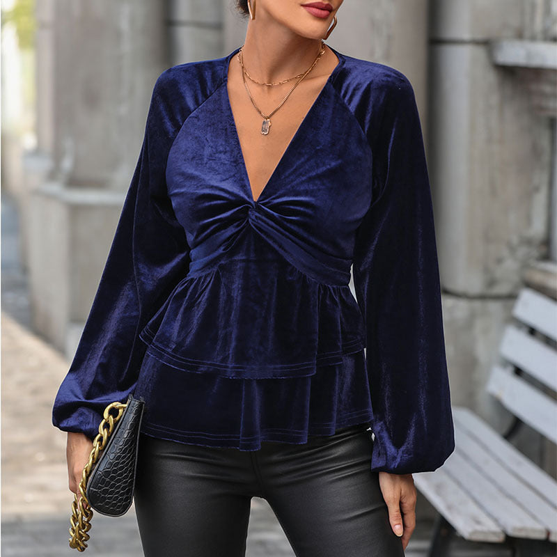 LOVEVOP 2025 foreign trade women's clothing Hot autumn temperament fashion kink blouse solid color v-neck velvet top