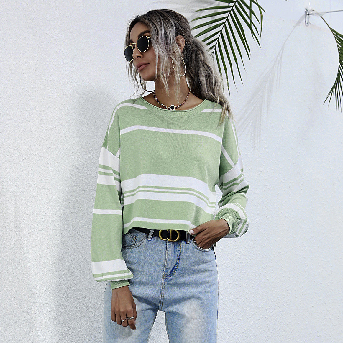 LOVEVOP popular Spring and Autumn New Women's Striped Knitted Sweater Bottom Pullover  Hot Trade Crew Neck Japanese Short Top