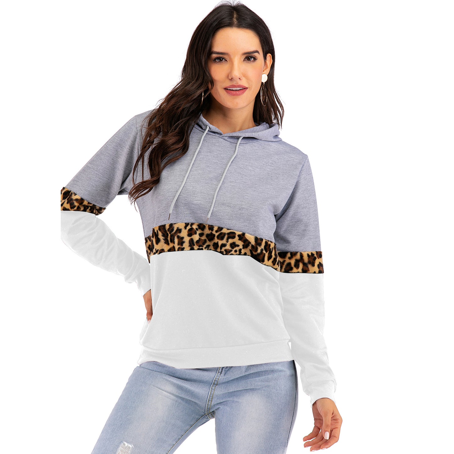 LOVEVOP 2025 Express Autumn and Winter Hooded Long Sleeve Contrast Color Bottom Hooded Sweater Women's  Hot Trade Leopard Print Pullover Hoodie