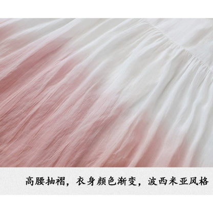 Five-quarter sleeve ramie dress  summer new gradual change design large size cotton and linen loose dress