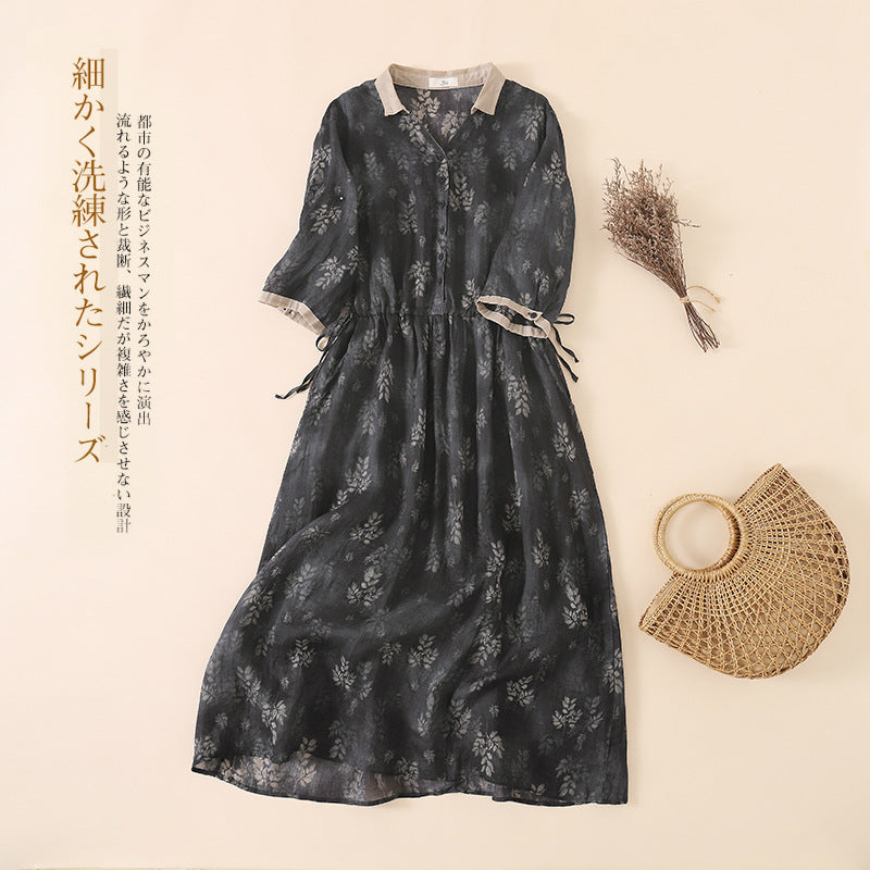 summer new literary and retro printing contrasting color V-neck shirt skirt large size loose medium and long dress women