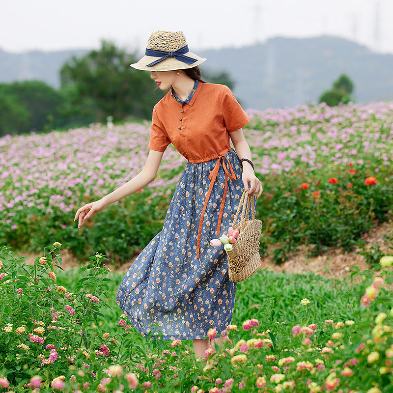 High-end temperament women's clothing  summer new loose Popular floral shirt short-sleeved temperament cotton and linen dress