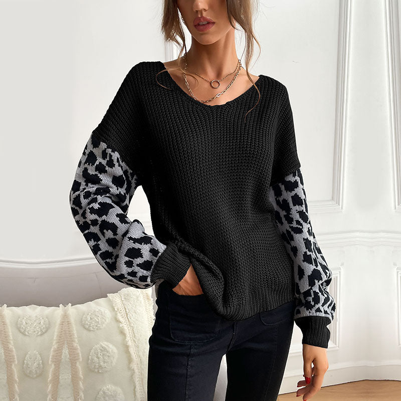 LOVEVOP Popular trade autumn and winter popular new V-neck knitted pullover top loose and lazy leopard print splicing sweater women