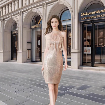 LOVEVOP 2025 sexy party neck sequined fringed dress nightclub sleeveless thin medium and long dress dress