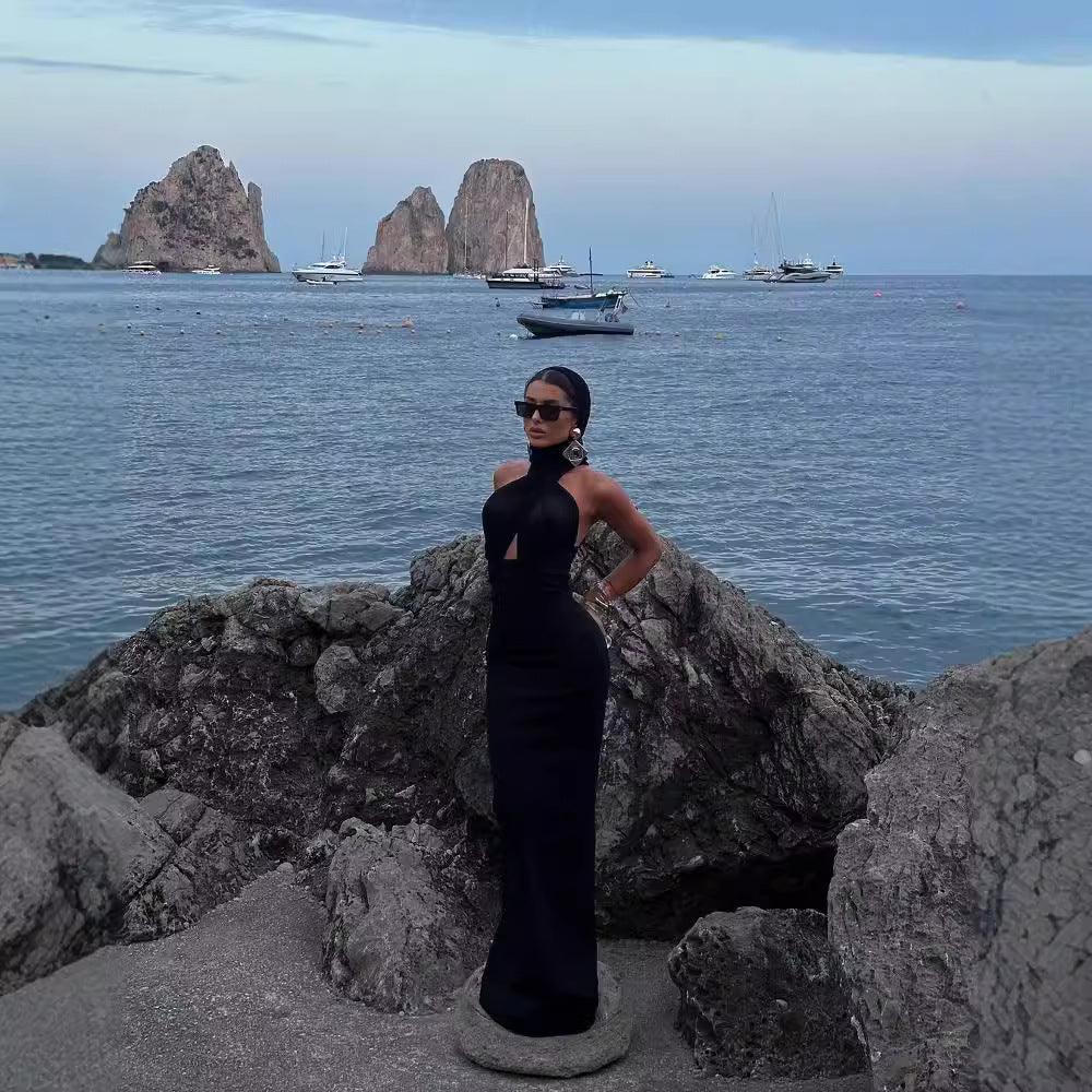 LOVEVOP popular Autumn Elegant Ladies Black White Slim Fit Neck Long Dress One Shoulder Halter Dress Wholesale Dress