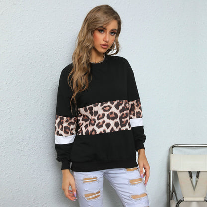 LOVEVOP  Popular trade women's clothing popular autumn 2025 contrasting color pullover top round neck fashion street leopard print splicing sweater
