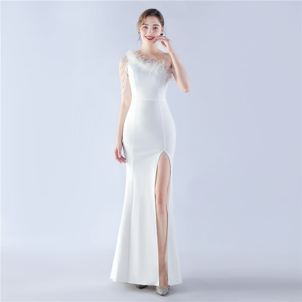 31367 #Hot trade new popular craft beaded ostrich hair satin long evening dress