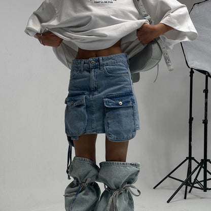 Big pocket splicing tooling denim skirt new street hottie high waist hip wrap a word female drape short skirt female