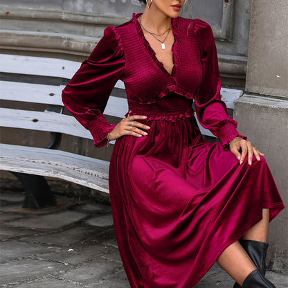 LOVEVOP 2025 foreign trade explosion burgundy velvet dress temperament elegant long dress wooden ear edge collection design skirt