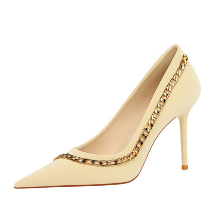 2025 3739-2  sexy nightclubs show thin thin heels, super high heels, shallow mouth, pointed metal chain, women's shoes, single shoes