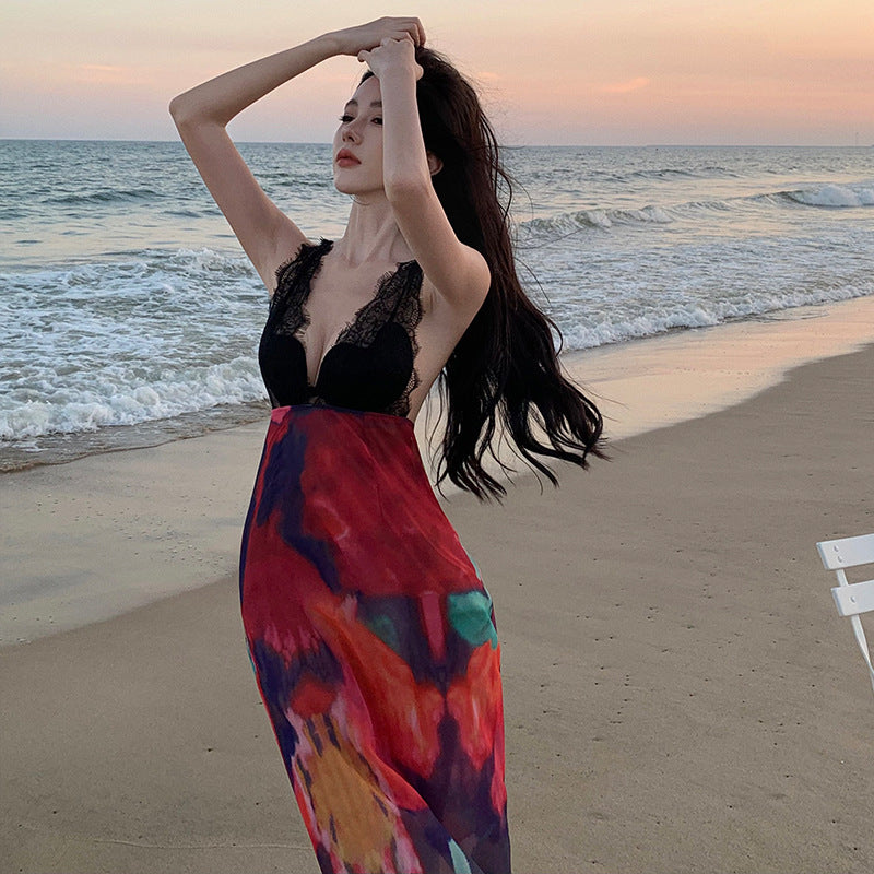 2025 New  pure desire vacation style lace splicing sexy V-neck backless dress high waist suspender dress