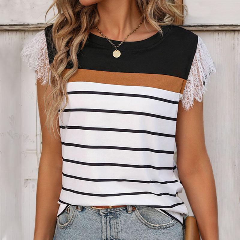 LOVEVOP Striped contrasting color splicing T-shirt lace splicing short sleeve  2025 Popular trade women's top basic t-shirt