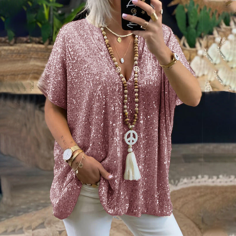 2025 new 2025  short-sleeved urban casual color loose pullover sequined V-neck T-shirt top women's clothing