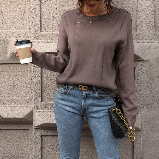 LOVEVOP 2025 foreign trade pullover sweater casual loose knitted sweater hollow solid color top crew neck autumn and winter sweater