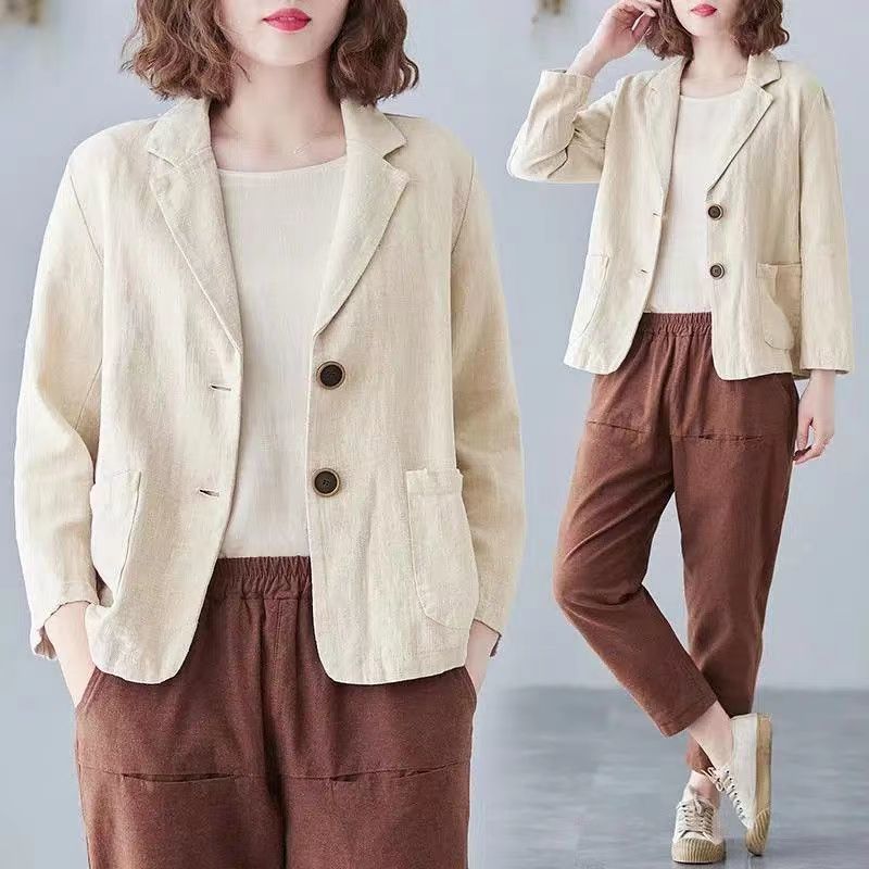 Cotton and linen jacket small suit  spring and autumn new loose literary and retro long-sleeved casual temperament outer suit women