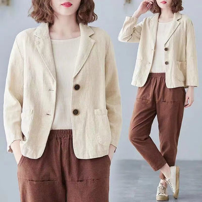 Cotton and linen jacket small suit  spring and autumn new loose literary and retro long-sleeved casual temperament outer suit women