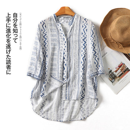 Summer new ethnic style printing seven-quarter-sleeved cotton and linen shirt V-neck slightly transparent temperament simple and ultra-thin women's shirt