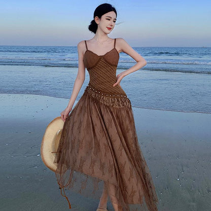 2025 Ethnic style suspender dress women's summer new retro temperament high sense heavy industry fringed lace vacation skirt
