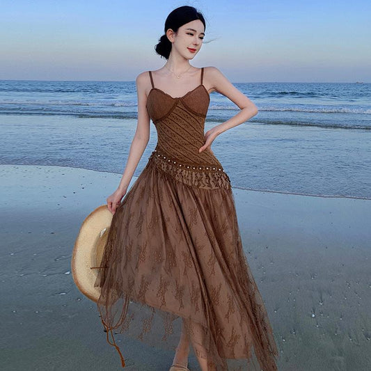 2025 Ethnic style suspender dress women's summer new retro temperament high sense heavy industry fringed lace vacation skirt