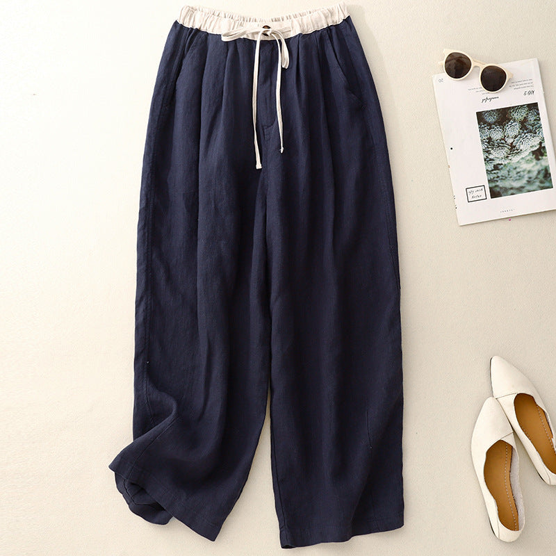 spring and summer high waist loose drape long straight pants cotton and linen versatile pants elastic pants belt drawstring