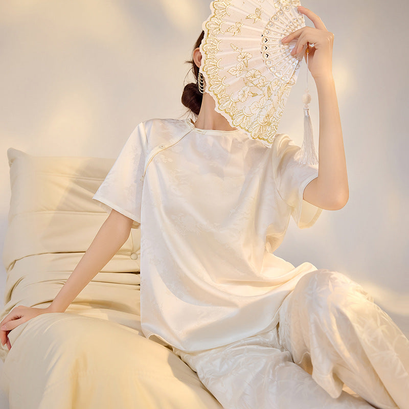 Summer new flower jacquard mulberry silk short-sleeved solid color light luxury simple design temperament T-shirt top M4006