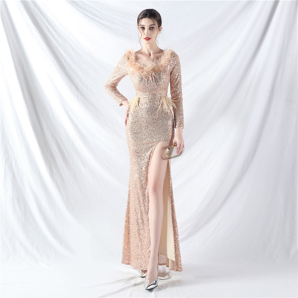 31957 #Popular trade new craft order ostrich hair long-sleeved bead evening dress