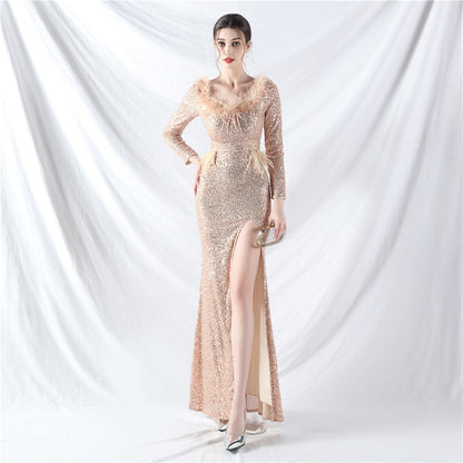 31957 #Popular trade new craft order ostrich hair long-sleeved bead evening dress