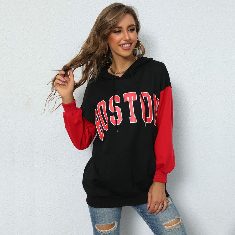LOVEVOP New popular autumn contrasting color hoodie 2025 letter printing casual sports hooded sweater women