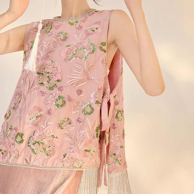 summer new Chinese heavy industry embroidery sleeveless national style temperament neckline diamond inlaid fashion vest women M6100