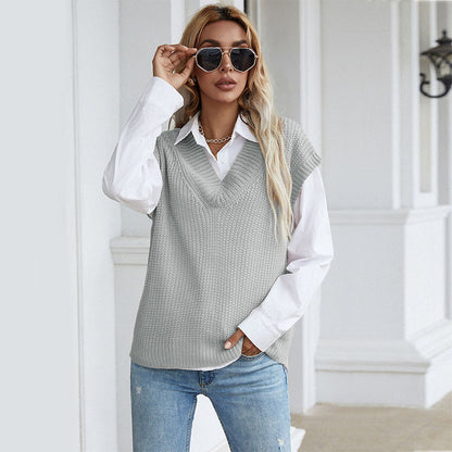 LOVEVOP Hot cross-border new autumn solid color v-neck knitted sweater commuter sleeveless vest vest 2025 V-neck top