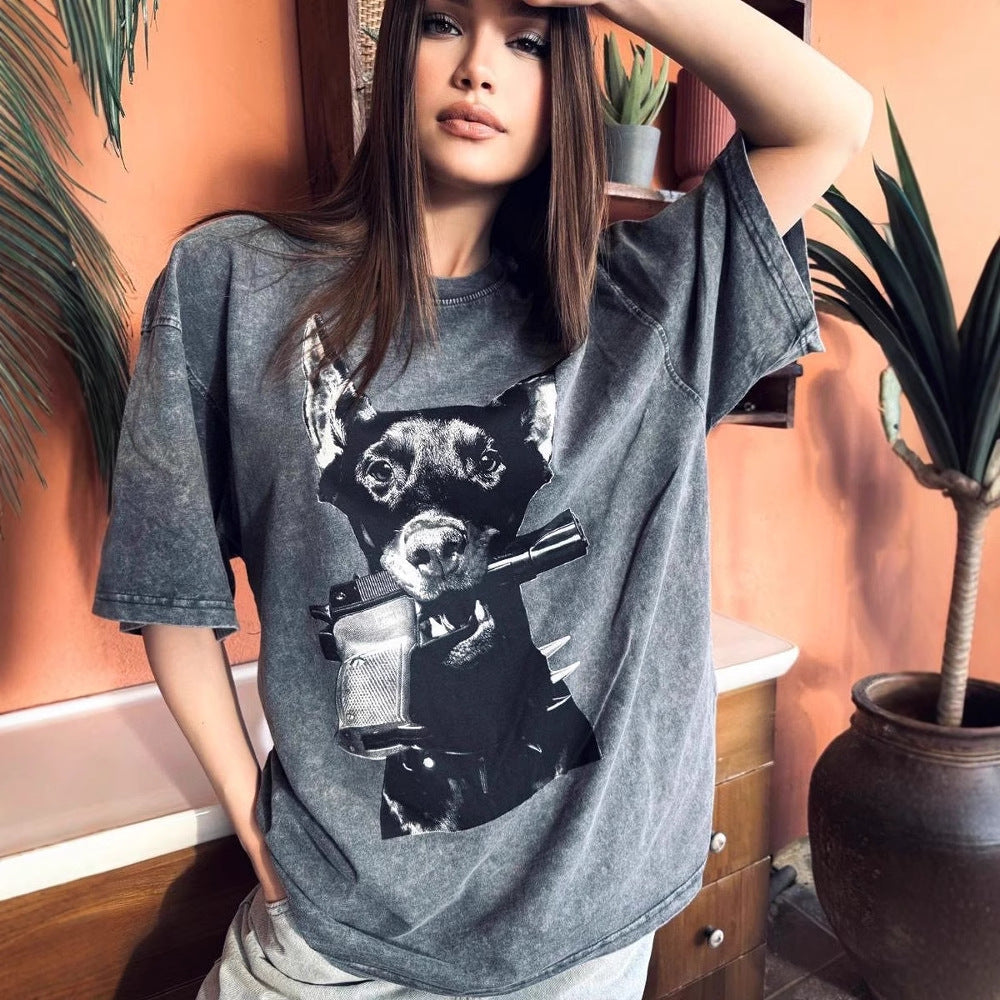 Funny fun puppy print T-shirt women's summer new ins  tops loose and versatile round neck short-sleeved T-shirt