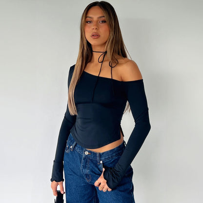 LOVEVOP 2025 INS style women's clothing Hot summer new fashionable solid color slanted shoulder slim shoulder sexy long-sleeved T-shirt top