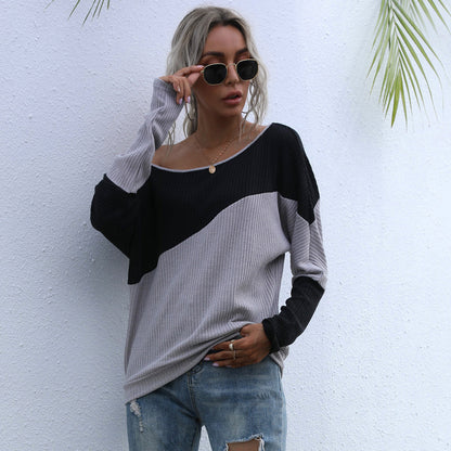 LOVEVOP New  Hot Trade Women's Clothing popular Color Combination Long Sleeve Knitted Sweater Loose Off-Shoulder One-Neck Top