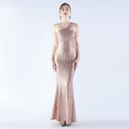 31357 #Hot Trade popular New Symphony Bead Craft Bead Shoulder Slant Neck High-end Slim Evening Dress