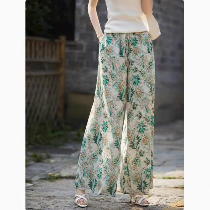 Green literary and retro floral wide-leg pants women's summer  new seaside vacation cotton and linen loose pants