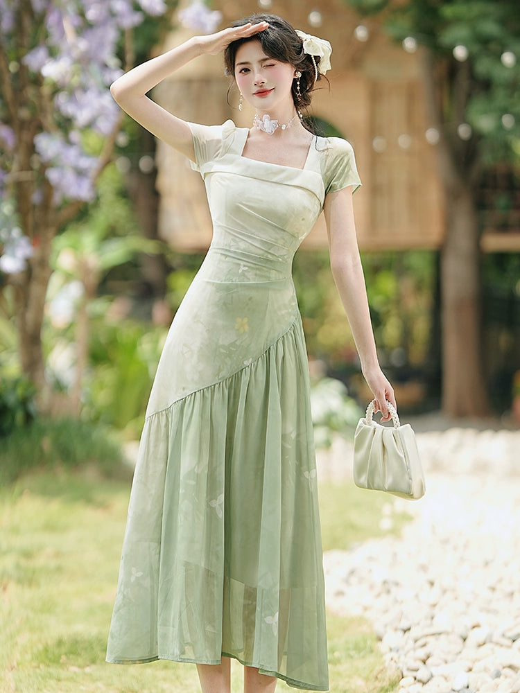 Cold artistic sense green dress summer women 2025 new temperament slim skirt unique and beautiful waist skirt