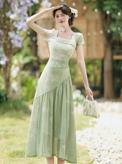 Cold artistic sense green dress summer women 2025 new temperament slim skirt unique and beautiful waist skirt