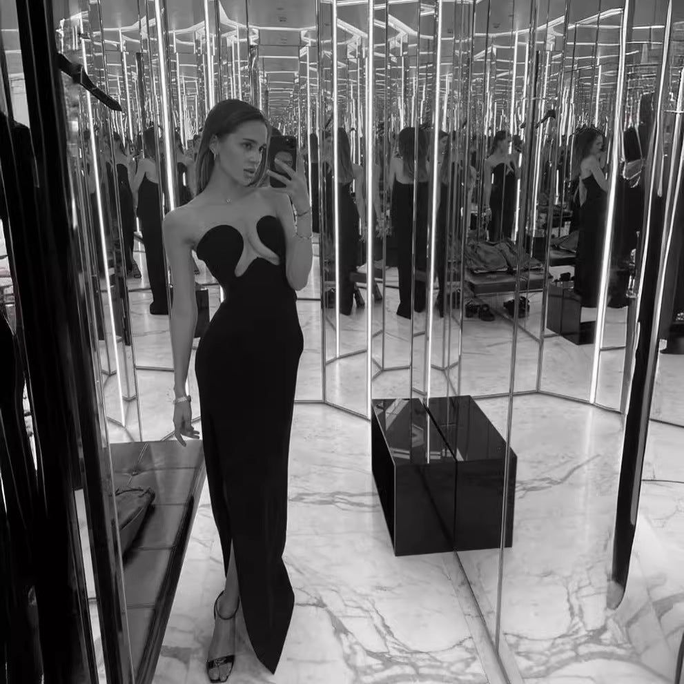 LOVEVOP  tube tops, sexy long split ends and thin elastic Popular trade dresses, Popularan station women's clothing, summer black interior