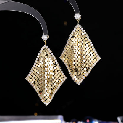 2025 New geometric rhombus sequined earrings s925 silver needle high-end exaggerated atmosphere zircon inlaid earrings earrings