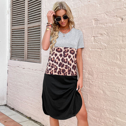 LOVEVOP New New popular Summer 2025 Dresses Slim-fitting Short Sleeve Splicing Leopard Print Split Sweater Skirts