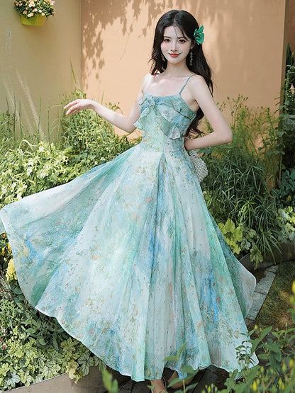 floral suspender long dress women's clothing 2025 summer new waist and thin holiday style oil painting coffee break dress